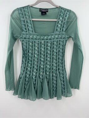 The Pyramid Collection Green Long Sleeve Embellished Mesh Top size Small